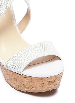 Detail View - Click To Enlarge - JIMMY CHOO - 'Portia 120' cross strap cork wedge embossed leather sandals