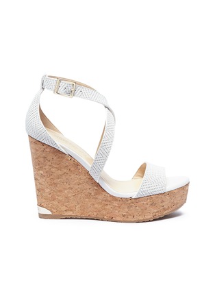 Main View - Click To Enlarge - JIMMY CHOO - 'Portia 120' cross strap cork wedge embossed leather sandals