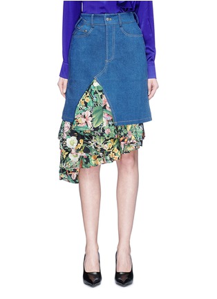 Main View - Click To Enlarge - JINNNN - Asymmetric floral print panel denim skirt
