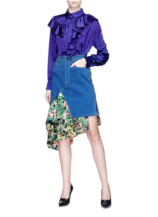 Figure View - Click To Enlarge - JINNNN - Asymmetric floral print panel denim skirt