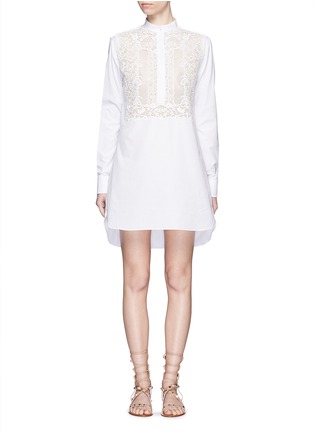 Main View - Click To Enlarge - VALENTINO GARAVANI - Lace panel cotton poplin high-low shirt dress