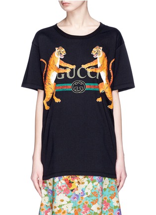Main View - Click To Enlarge - GUCCI - Tiger vintage logo print oversized T-shirt