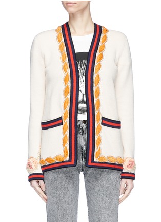 Main View - Click To Enlarge - GUCCI - Floral cuff Web stripe wool cardigan