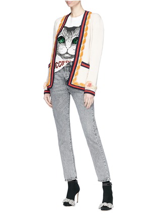 Figure View - Click To Enlarge - GUCCI - Floral cuff Web stripe wool cardigan