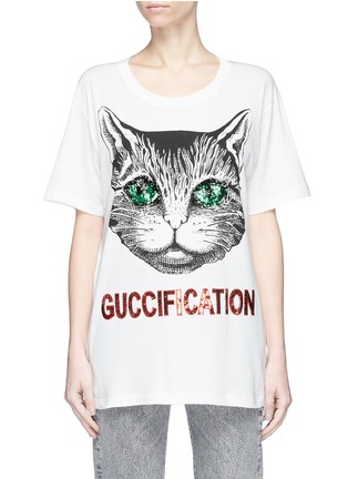 Main View - Click To Enlarge - GUCCI - 'Guccification' sequinned slogan mystic cat print T-shirt