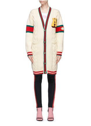 Main View - Click To Enlarge - GUCCI - 'Guccy' slogan tiger appliqué cable wool knit cardigan