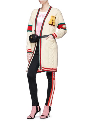 Figure View - Click To Enlarge - GUCCI - 'Guccy' slogan tiger appliqué cable wool knit cardigan