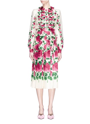 Main View - Click To Enlarge - GUCCI - Pleated rose garden print satin midi dress