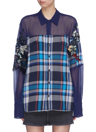 Main View - Click To Enlarge - DRY CLEAN ONLY - 'Shaylee' floral embellished mesh panel check plaid shirt