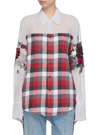 Main View - Click To Enlarge - DRY CLEAN ONLY - 'Shaylee' floral embellished mesh panel check plaid shirt