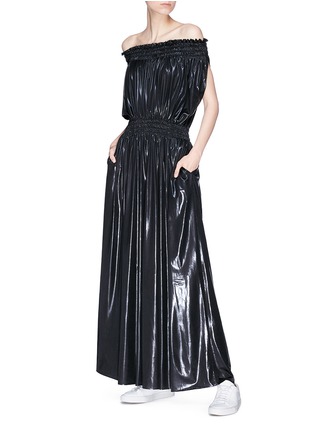 Figure View - Click To Enlarge - NORMA KAMALI - 'Peasant' gathered off-shoulder lamé jumpsuit