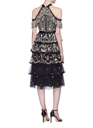 Back View - Click To Enlarge - NEEDLE & THREAD - 'Zelda' floral embroidered tiered tulle cold shoulder dress