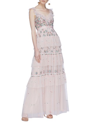 Figure View - Click To Enlarge - NEEDLE & THREAD - 'Whimsical' floral embroidered tiered tulle gown