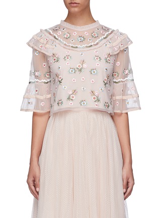 Main View - Click To Enlarge - NEEDLE & THREAD - 'Whimsical' flared sleeve floral embroidered tulle top
