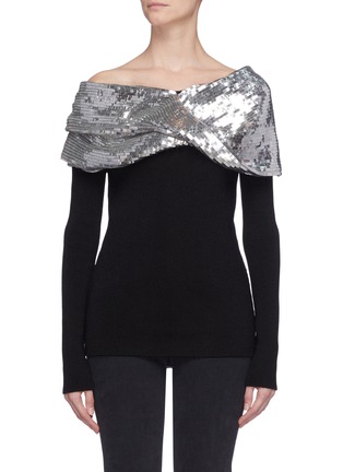 Main View - Click To Enlarge - MONSE - Sequin twist shawl collar one-shoulder sweater