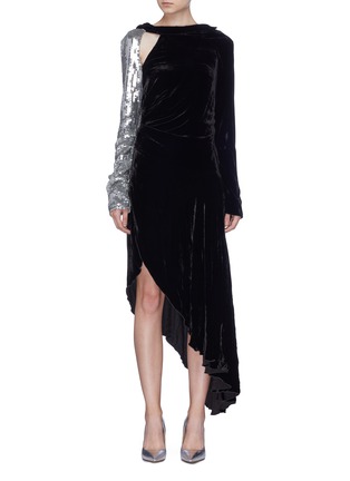 Main View - Click To Enlarge - MONSE - Sequin sleeve cutout drape velvet dress