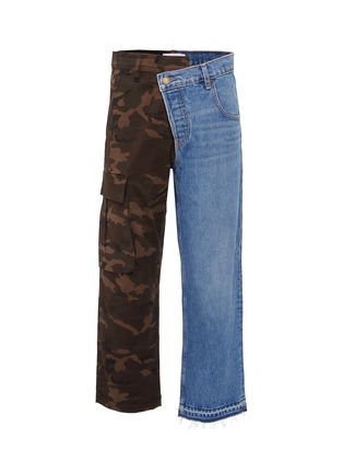 Main View - Click To Enlarge - MONSE - Staggered waist camouflage print patchwork culotte jeans