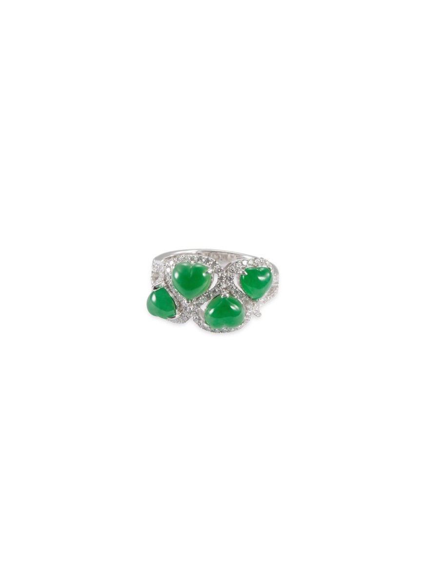 Diamond jade heart charm 18k white gold ring