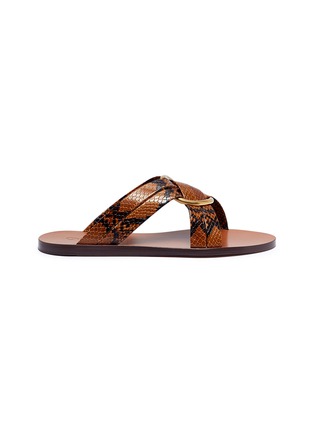 Main View - Click To Enlarge - CHLOÉ - 'Rony' oversized ring cross strap snake embossed leather slide sandals