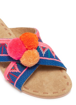 Detail View - Click To Enlarge - FIGUE SHOES - 'Nilu' pompom embroidered cross strap slide sandals