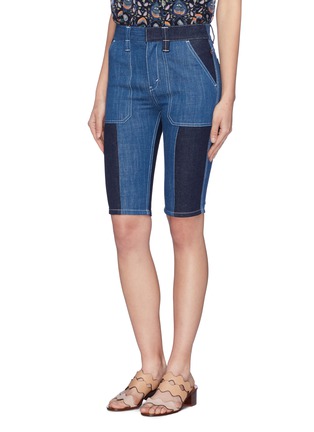 Front View - Click To Enlarge - CHLOÉ - Contrast topstitching colourblock denim patchwork Bermuda shorts