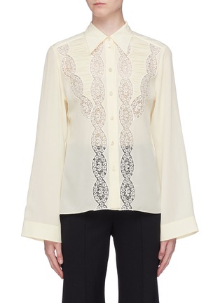 Main View - Click To Enlarge - CHLOÉ - Lace panel pleated yoke silk crepe blouse