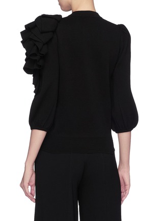 Back View - Click To Enlarge - CO - Ruffle drape shoulder Merino wool sweater