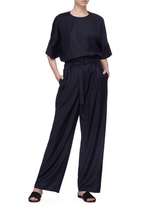 Figure View - Click To Enlarge - MS MIN - Belted wool-silk twill wide leg pants