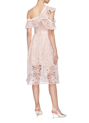 Back View - Click To Enlarge - SELF-PORTRAIT - Asymmetric ruffle one-shoulder floral mesh lace dress