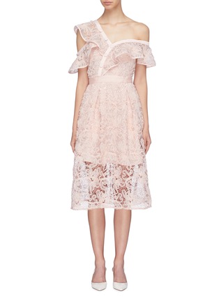 Main View - Click To Enlarge - SELF-PORTRAIT - Asymmetric ruffle one-shoulder floral mesh lace dress