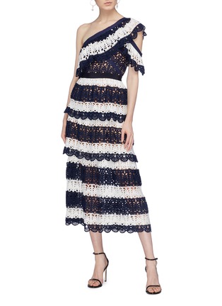 Figure View - Click To Enlarge - SELF-PORTRAIT - Stripe crochet one-shoulder dress