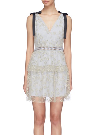 Main View - Click To Enlarge - SELF-PORTRAIT - Tie shoulder floral embroidered mesh layered mini dress