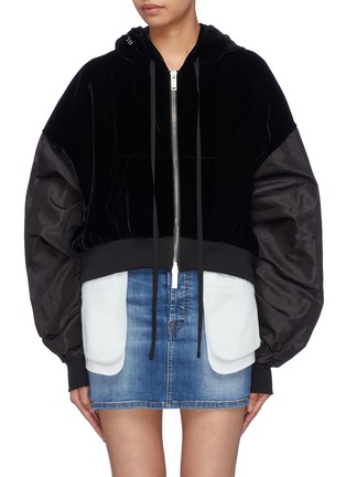 Main View - Click To Enlarge - BEN TAVERNITI UNRAVEL PROJECT  - Contrast extra long sleeve cropped velvet zip hoodie