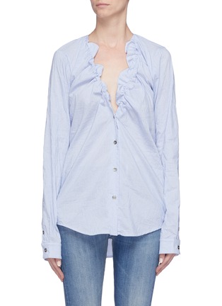 Main View - Click To Enlarge - BEN TAVERNITI UNRAVEL PROJECT  - Ruffle V-neck pinstripe shirt
