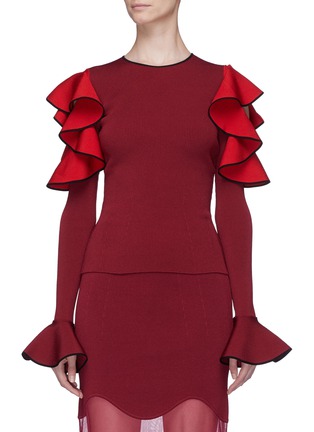 Main View - Click To Enlarge - ALEXANDER MCQUEEN - Colourblock ruffle cold shoulder sweater