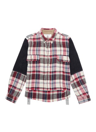 Main View - Click To Enlarge - 10507 - Denim sleeve panel unisex check plaid high-low shirt