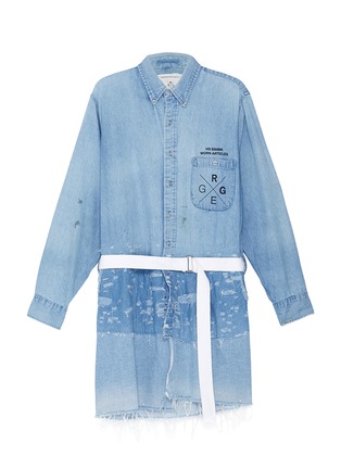 Main View - Click To Enlarge - 10507 - Belted smudge panelled distressed unisex denim shirt jacket