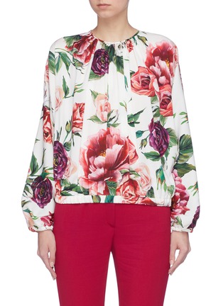 Main View - Click To Enlarge - - - Peony print ruched silk crepe top