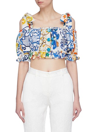 Main View - Click To Enlarge - - - Tie shoulder Majolica print cropped top
