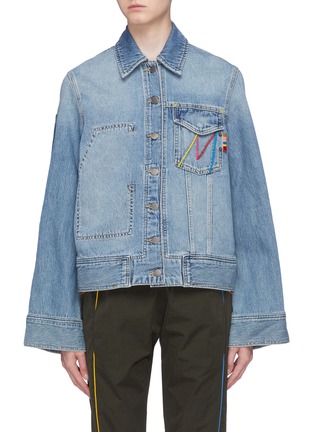 Main View - Click To Enlarge - MIRA MIKATI - 'Late' rainbow fringe slogan patch denim jacket