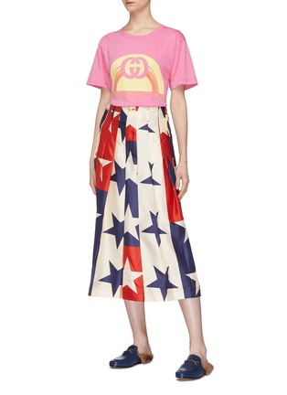 Figure View - Click To Enlarge - GUCCI - Mock button outseam star print colourblock pleated culottes