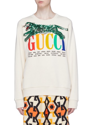 Main View - Click To Enlarge - GUCCI - 'Gucci Cities' sequin tiger appliqué oversized sweatshirt