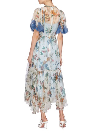 Back View - Click To Enlarge - - - Lace sleeve floral print silk chiffon dress