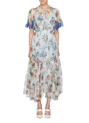 Main View - Click To Enlarge - - - Lace sleeve floral print silk chiffon dress