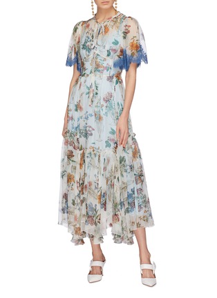 Figure View - Click To Enlarge - - - Lace sleeve floral print silk chiffon dress