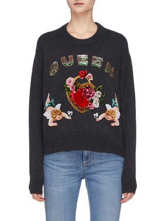 Main View - Click To Enlarge - - - 'Queen' slogan embellished graphic appliqué cashmere sweater