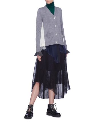 Figure View - Click To Enlarge - SACAI - Lace hem colourblock wool cardigan