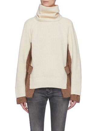 Main View - Click To Enlarge - SACAI - Detachable turtleneck houndstooth check plaid panel wool sweater