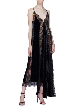 Figure View - Click To Enlarge - STELLA MCCARTNEY - 'Andie' asymmetric lace trim velvet slip dress