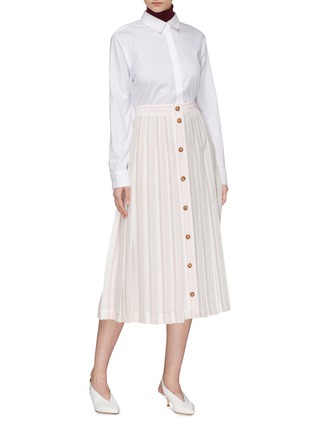 Figure View - Click To Enlarge - VICTORIA BECKHAM - Button front stripe pleated silk midi skirt